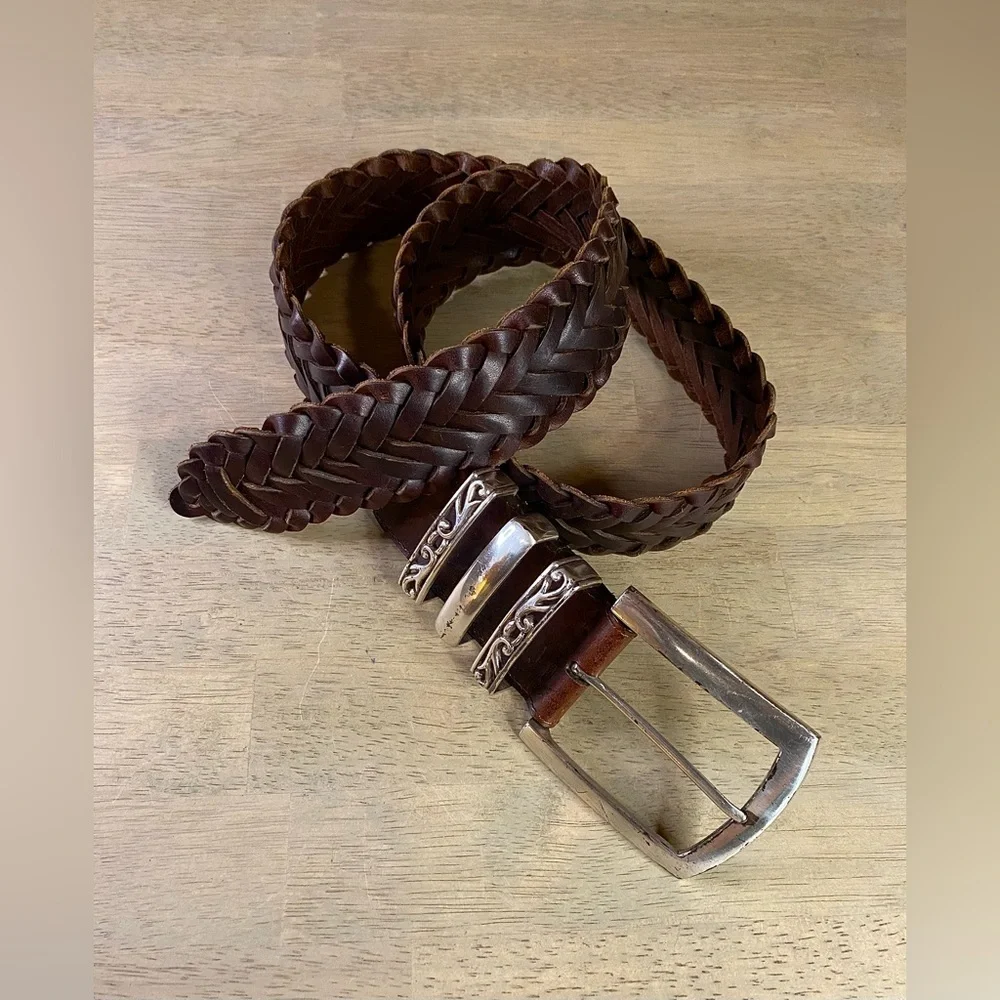 VTG‎ Woolrich Womens Brown Leather Belt Braided -40 In- Silver tone Hardware